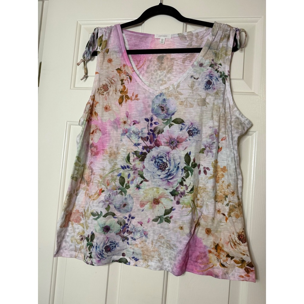 Concepts Women's XXL 20 Floral Sleeveless Tunic Top Rhinestone Pink Purple